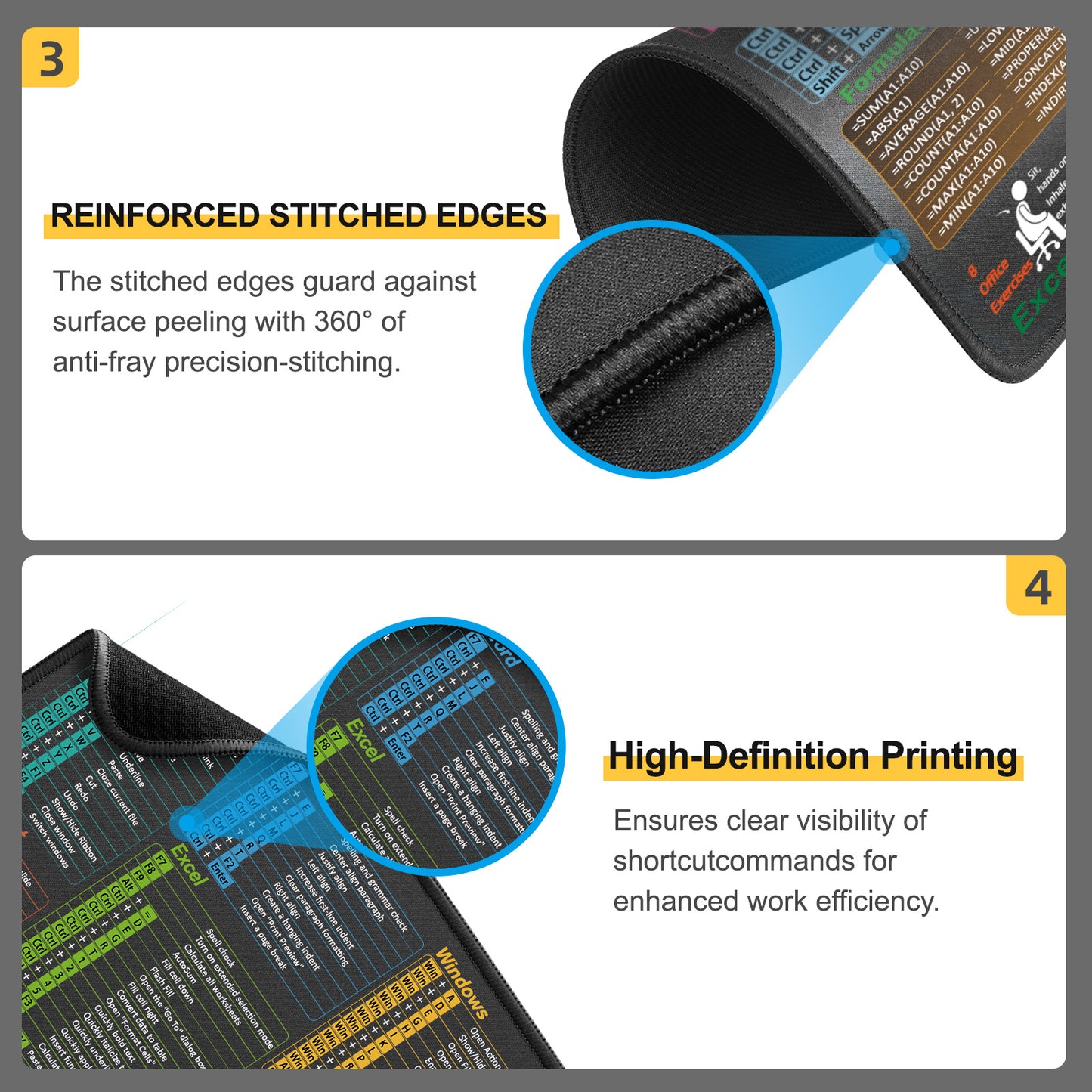 Mouse Pad with Excel, Word, PowerPoint & Windows Shortcuts – Small Excel Cheat Sheet Desk Pad – 11.8"x9.8" Portable Computer Mousepad – Gaming, Office, Waterproof, Non-Slip, Stitched Edges
