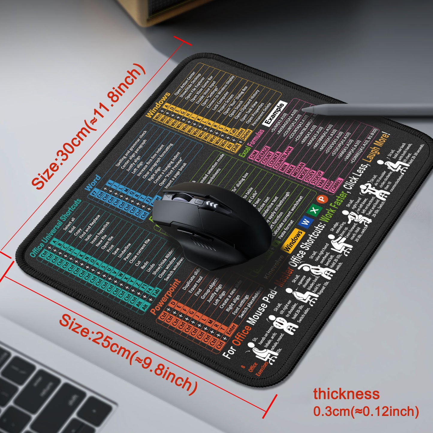 Mouse Pad with Excel, Word, PowerPoint & Windows Shortcuts – Small Excel Cheat Sheet Desk Pad – 11.8"x9.8" Portable Computer Mousepad – Gaming, Office, Waterproof, Non-Slip, Stitched Edges
