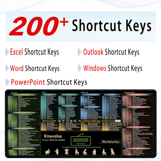 Excel/Word/Outlook/Windows/PowerPoint Shortcut Keys Mouse Pad, Shortcut Mat for Pc Office,Large XL Gaming Mousepad,Non-Slip Stitched Edge 31.5" x 11.8"