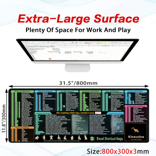 Excel Shortcut Kyes Mouse Pad,Large XL Excel Cheat Sheet Desk Pad,Pc Office&Gaming Keyboard Mat, Non-Slip Spreadsheet Shortcuts Mousepad