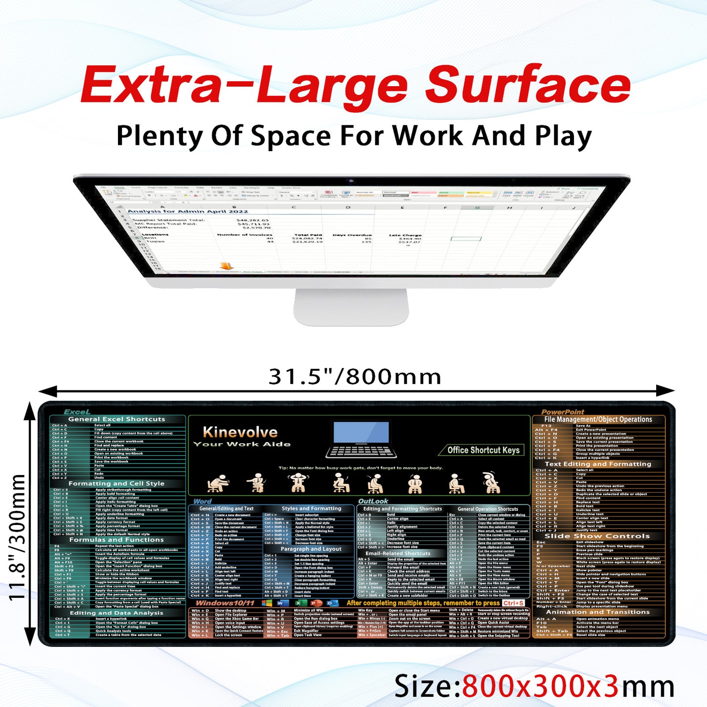Excel,Word,Outlook,Windows,PowerPoint Cheat Sheet Mouse Pad,Extended Large XL Office Shortcut Keyboard Desk Pad,Non-Slip Accessories Desk Mat 31.5" x 11.8"