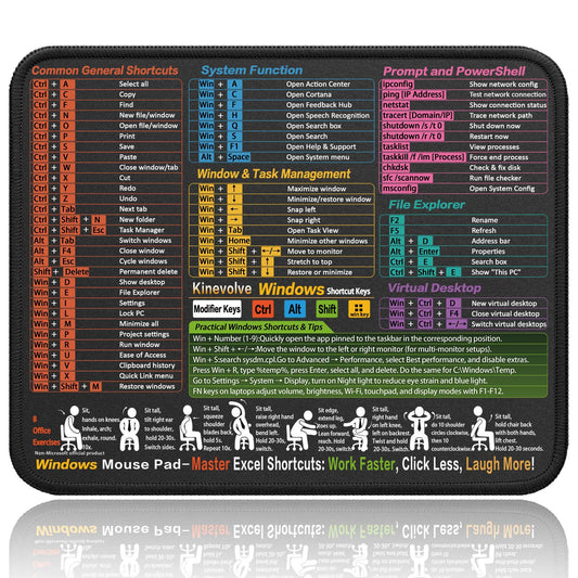 Mouse Pad with Windows Shortcuts – Small Windows Cheat Sheet Desk Pad – 11.8"x9.8" Portable Computer Mousepad – Gaming, Office, Waterproof, Non-Slip, Stitched Edges Visit the Kinevolve Store