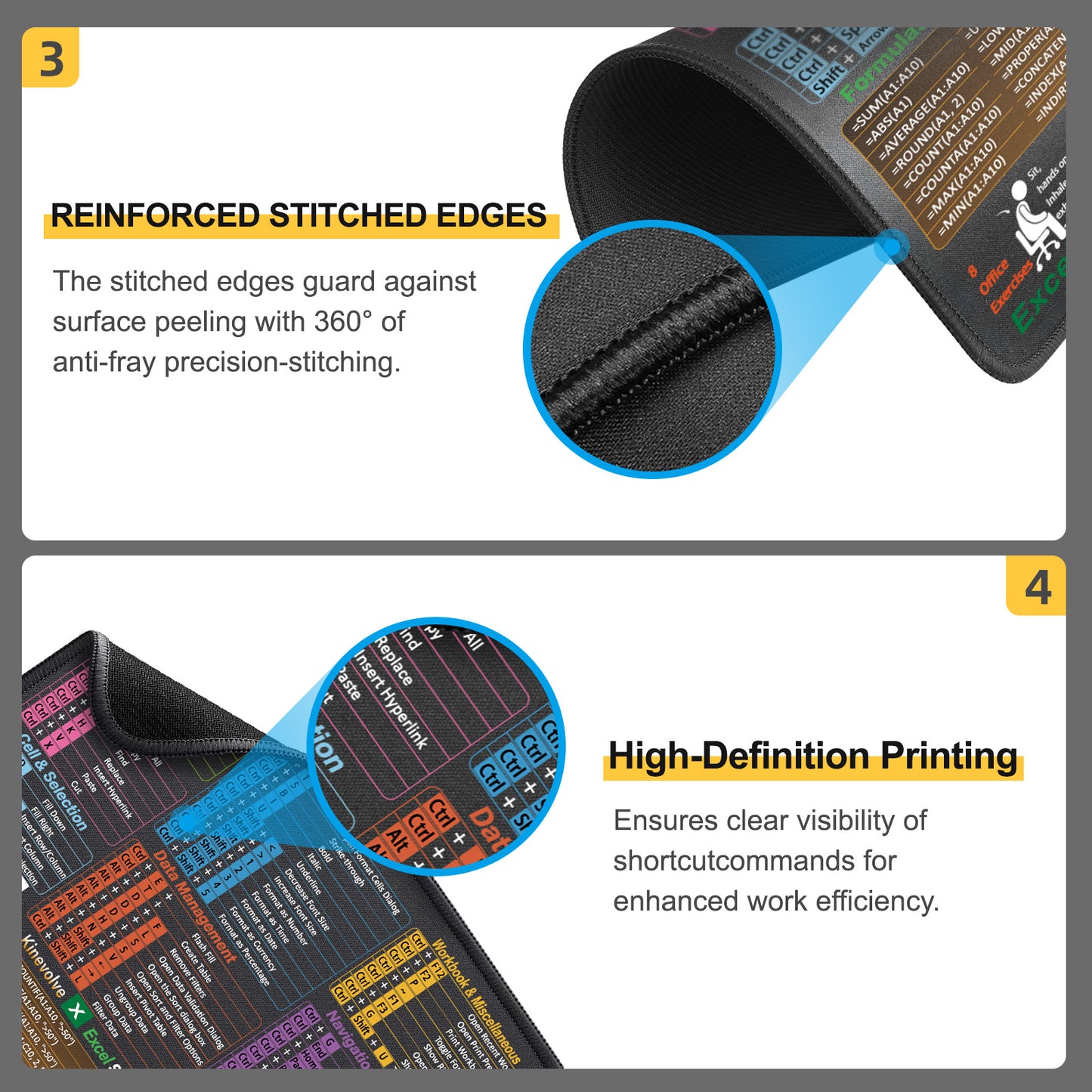 Mouse Pad with Excel Shortcuts – Small Excel Spreadsheet Cheat Sheet Desk Pad – 11.8"x9.8" Portable Computer Mousepad – Gaming, Office, Waterproof, Non-Slip, Stitched Edges