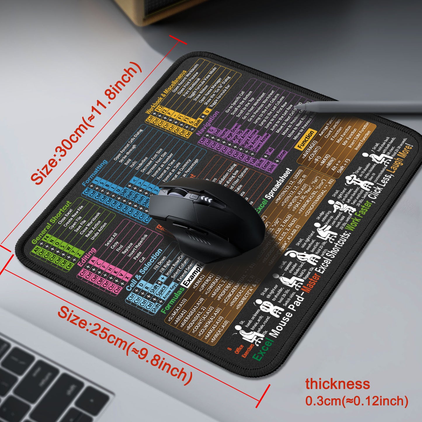 Mouse Pad with Excel Shortcuts – Small Excel Spreadsheet Cheat Sheet Desk Pad – 11.8"x9.8" Portable Computer Mousepad – Gaming, Office, Waterproof, Non-Slip, Stitched Edges