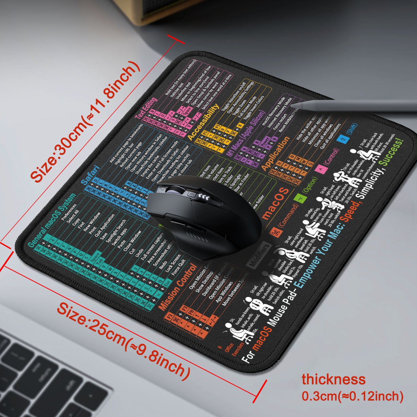 Mouse Pad with macOS Shortcuts – Small mac Cheat Sheet Desk Pad – 11.8"x9.8" Portable Computer Mousepad – Gaming, Office, Waterproof, Non-Slip, Stitched Edges