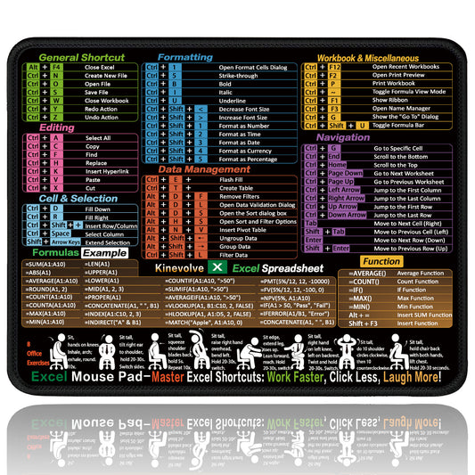 Mouse Pad with Excel Shortcuts – Small Excel Spreadsheet Cheat Sheet Desk Pad – 11.8"x9.8" Portable Computer Mousepad – Gaming, Office, Waterproof, Non-Slip, Stitched Edges