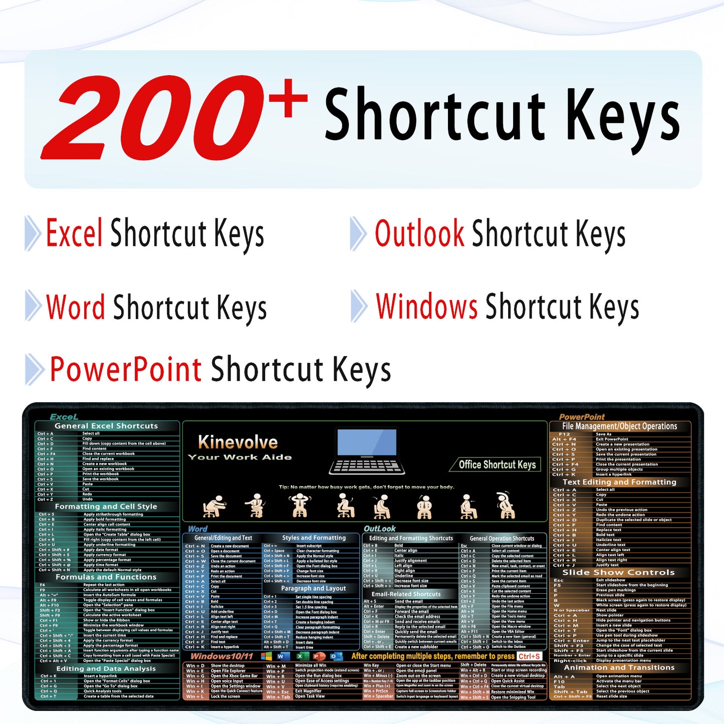 Excel,Word,Outlook,Windows,PowerPoint Cheat Sheet Mouse Pad,Extended Large XL Office Shortcut Keyboard Desk Pad,Non-Slip Accessories Desk Mat 31.5" x 11.8"