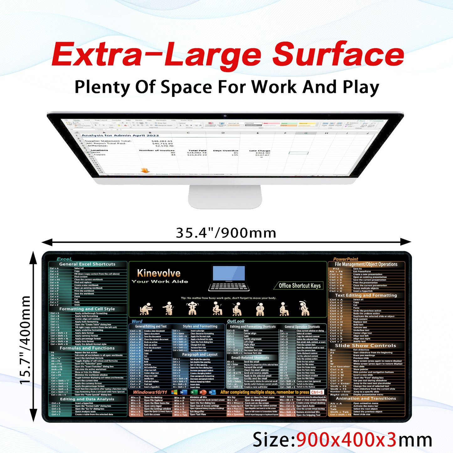 Excel,Word,Outlook,Windows,PowerPoint Cheat Sheet Mouse Pad,Extended Large XL Office Shortcut Keyboard Desk Pad,Non-Slip Accessories Desk Mat 31.5" x 11.8"