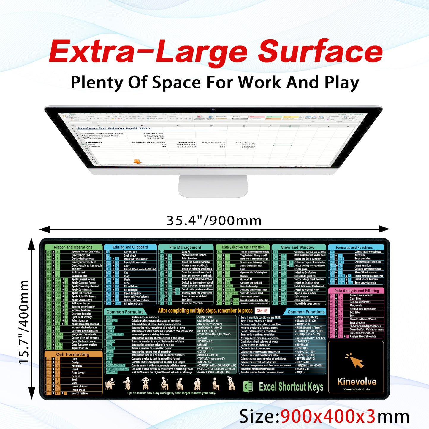 Excel Shortcut Kyes Mouse Pad,Large XL Excel Cheat Sheet Desk Pad,Pc Office&Gaming Keyboard Mat, Non-Slip Spreadsheet Shortcuts Mousepad