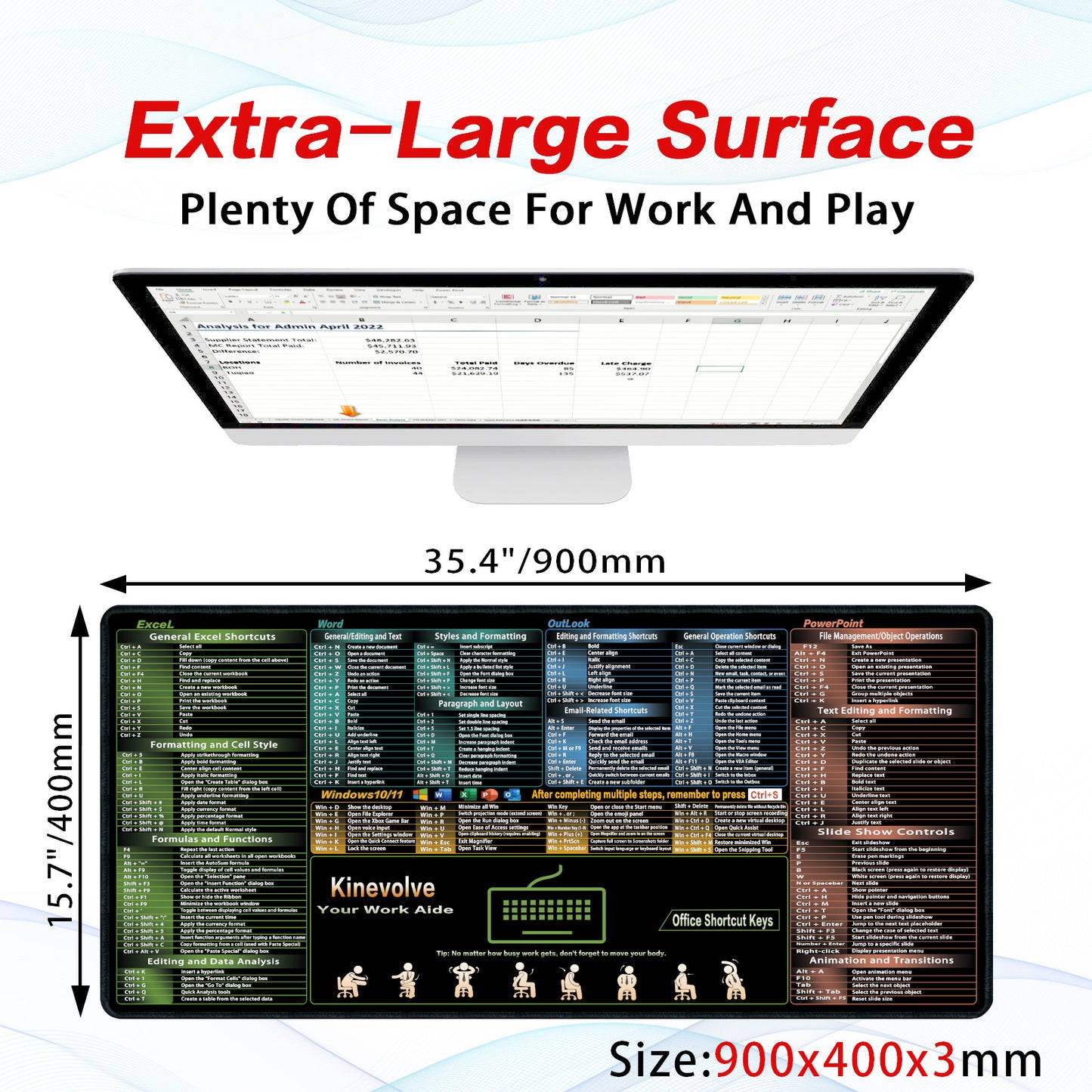 Excel/Word/Outlook/Windows/PowerPoint Shortcut Keys Mouse Pad, Shortcut Mat for Pc Office,Large XL Gaming Mousepad,Non-Slip Stitched Edge 31.5" x 11.8"
